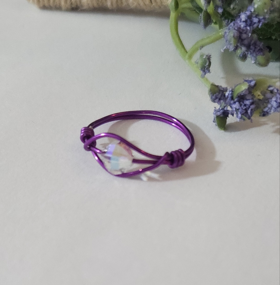 Handmade Vintage Aurora Borealis Crystal Wire Wrapped Ring Size 7 / Made to Size - Picture 5 of 13